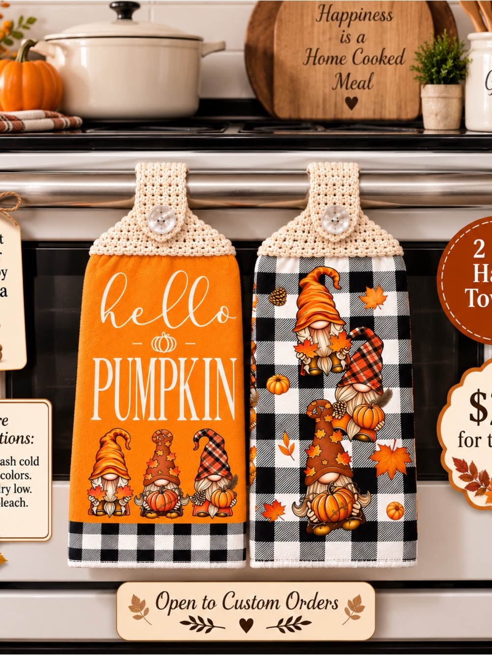 Hand Crafted Orange and Black Plaid Autumn Kitchen Hanging Towels - Set of 2